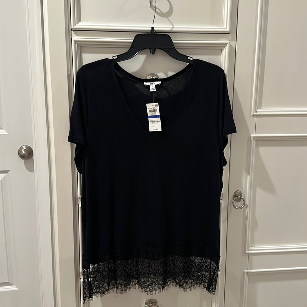 Bar III Black tshirt with lace on bottom.